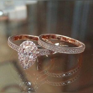 💋 2 piece Wedding cubic zirconia faux diamond pear wedding engagement ring 💍